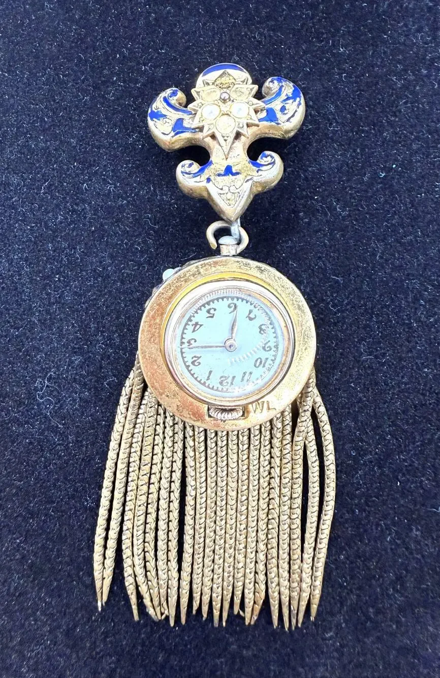 Antique Gold Tone Blue Enamel & Pearl Watch Brooch